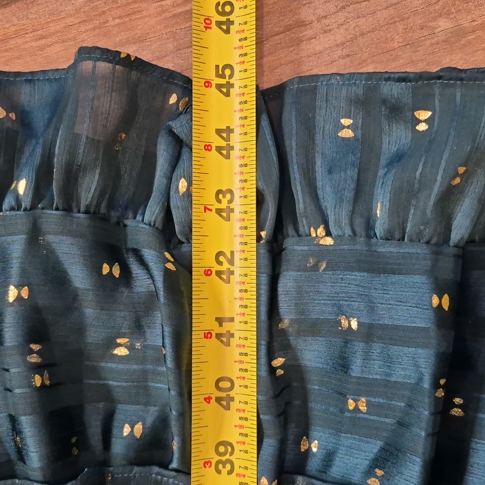 Aqua Ruffle Trim Clip Dot Long Sleeve Midi Wrap Dress, Teal Green & Gold, XS - Picture 8 of 16